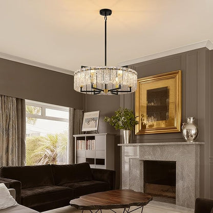 23.62" Gold Water Ripple Glass Chandeliers, 6-Light Modern Round Chandelier, Luxury Drum Chandelier Lighting Fixtures for Living Room Dining Room Kitchen Bedroom Foyer Hotel