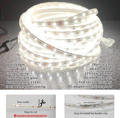 2 Pack (Total 66FT) Cool White LED Rope Lights Outdoor, 12V 1200 LEDs Dimmable Waterproof Flat Lighting with Y-Splitter for Garage Workshop Patio Commercial Kitchen Under Cabinet Use
