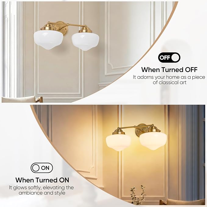 2 Light Bathroom Vanity Light, Bathroom Light Fixture with Milky White Glass Shade and Matte Brass Finish, Vanity Lights for Bathroom, Brushed Gold Vanity Light