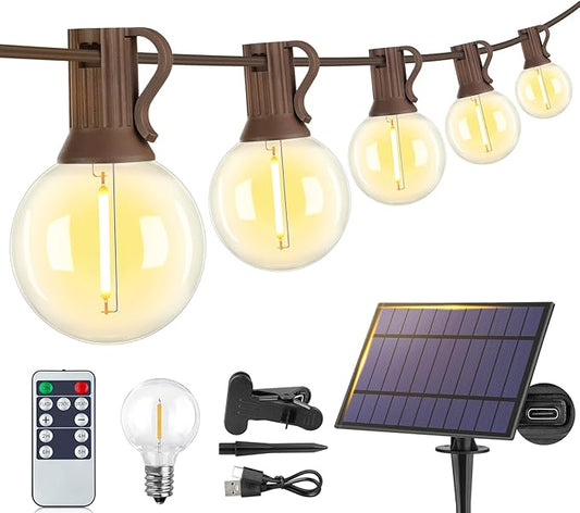 Larkvue 25FT Solar String Lights Outdoor with Remote, Waterproof Dimmable 3 Modes Patio Lights with 10+1 LED Shatterproof G40 Bulbs for Wedding-Brown