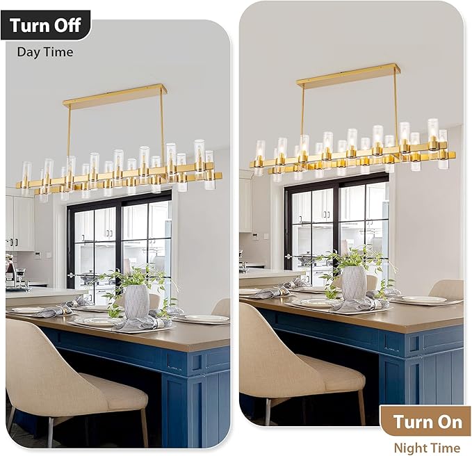 Gold Linear Chandeliers for Dining Room, 54" Rectangle Chandelier with Glass, 16-Light Modern Chandeliers Over Table, Farmhouse Chandelier for Kitchen Island, Industrial Pendant Light Fixtures