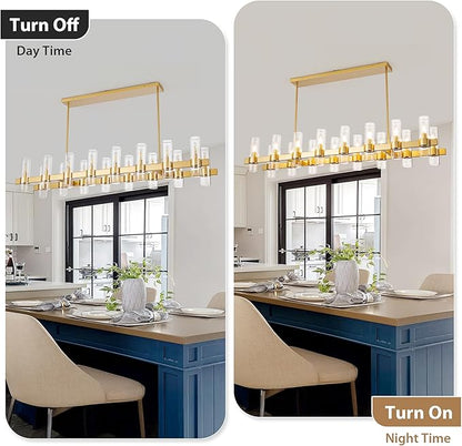 Gold Linear Chandeliers for Dining Room, 54" Rectangle Chandelier with Glass, 16-Light Modern Chandeliers Over Table, Farmhouse Chandelier for Kitchen Island, Industrial Pendant Light Fixtures