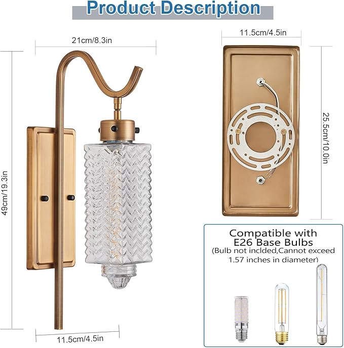 Farmhouse Wall Sconces,Vintage Gold Metal Wall Mount Light Lantern with Glass Shade & E26 Socket,Indoor Wall Lamp,for Living Room, Bedroom, Bathroom, Hallway (Vintage Gold -1-Light)