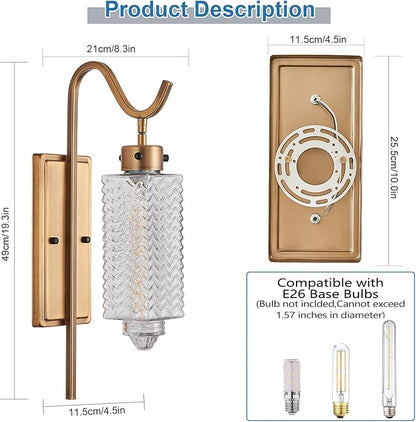 Farmhouse Wall Sconces,Vintage Gold Metal Wall Mount Light Lantern with Glass Shade & E26 Socket,Indoor Wall Lamp,for Living Room, Bedroom, Bathroom, Hallway (Vintage Gold -1-Light)
