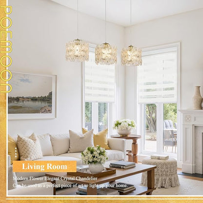 3-Lights Flower Glass Pendant Light for Kitchen Island Modern Gold Linear Chandelier Adjustable Ceiling Pendant Lighting for Bar Dining Room Living Room