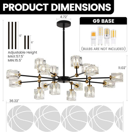 16-Light Black Crystal Chandelier Modern Sputnik Chandeliers for Dining Room Adjustable Height Sputnik Ceiling Light Fixture for Living Room Kitchen Island Bedroom