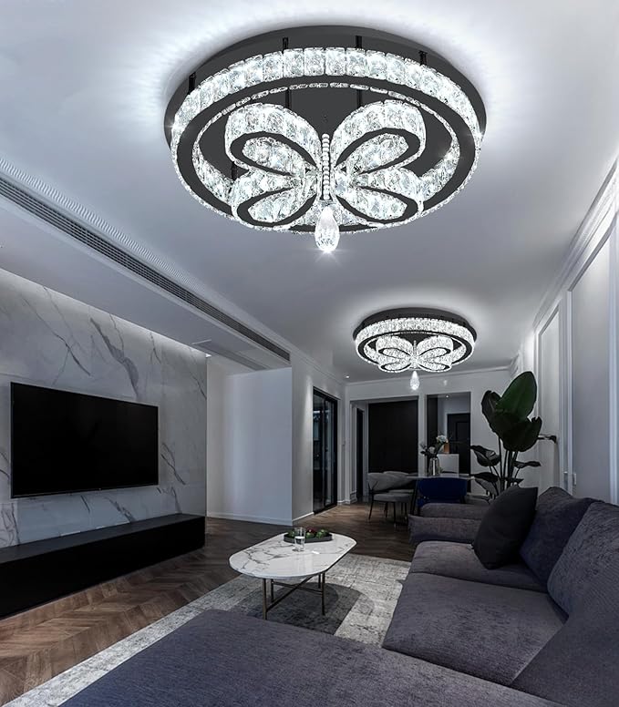 20'' Modern Crystal Chandelier LED Dimmable Flush Mount Ceiling Light Pendant Light for Living Room Bedroom Dining Room Black