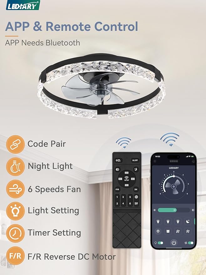 LEDIARY 2 Pack 20 Inch Ceiling Fans with Lights and Remote, Fandelier Modern Low Profile Ceiling Fan, 3000K-6000K Dimmable LED Fan Light, Black Flush Mount Ceiling Fans with Lights for Bedroom
