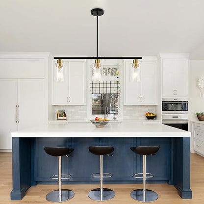 WILON Kitchen Island Lighting, 3 Lights Black Linear Chandeliers Modern Farmhouse Chandelier with Glass Shades for Kitchen Island Living Dining Room Foyer Bedroom (Black Gold, 3 Lights)