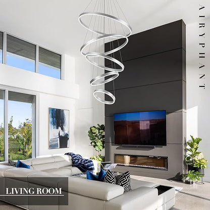 Modern LED Chandeliers 5-Ring Chandelier High Ceiling Chandelier 31" Large Foyer Chandeliers Entryway Silver Dimmable Pendant Light Fixture for Living Room Staircase, 3000K-6500K