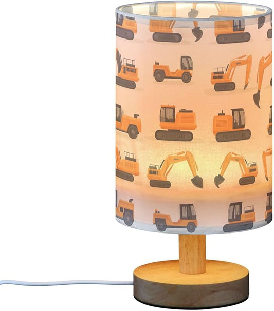 Table Lamp Cute Excavator Construction Car Pattern Nightstand Lamp with Wood Base Fabric Lamp Shade Bedside Desk Lamp for Living Room Bedroom Kids Room Office