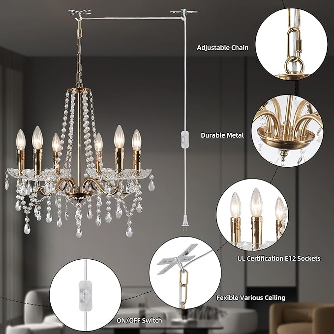 Crystal Plug in Chandelier Lighting with Long Cord, 6 Lights Gold French Country Plug in Pendant Light Modern Hanging Chandeliers for Dining Room Kitchen Bedroom Living Room