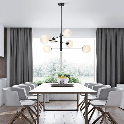 Mid Century 6-Lights Globe Milky Handcrafted Marble Glass Chandelier for Living Room Modern Black Chandelier Light Fixture Dining Room Chandelier Over Table Foyer Bedroom Kitchen Island