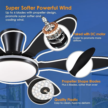 BayDay Ceiling Fans with Lights, Flush Mount Ceiling Fan Led Lights Quiet DC Dimmable 6 Blades (Black Fan, Led Light + Side RGB Light, 51 inch)
