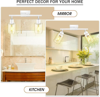 BoostArea White LED 2 Light Track Lighting Kit, 2 Way Ceiling Spot Lighting with Glass Lampshade, Flexibly Rotatable Light Head for Kitchen, Living Room, Bedroom, Bulb Not Included