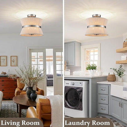Brushed Nickel Semi Flush Mount Ceiling Light Fixture 12.6” Modern Drum Bedroom Ceiling Lighting 3-Light Beige Close to Ceiling Lamp for Kitchen Living Dining Room Hallway Bathroom Entryway Foyer