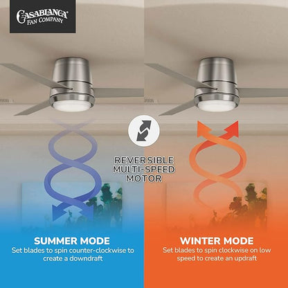 Casablanca 54 inch Indoor Ceiling Fan with LED Light - Low Profile Flush Mount Ceiling Fan for Bedroom, Living Room, or Kitchen, Wall Control, 3 Blades, Includes Bulb - Commodus 59573, Brushed Nickel