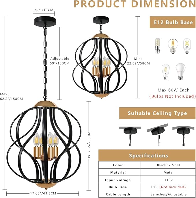 Black and Gold Chandelier for Dining Room, 4-Light Modern Farmhouse Chandelier Light Fixture, Adjustable Industrial Pendant Lights Kitchen Island, Hanging Chandeliers for Living Room Foyer