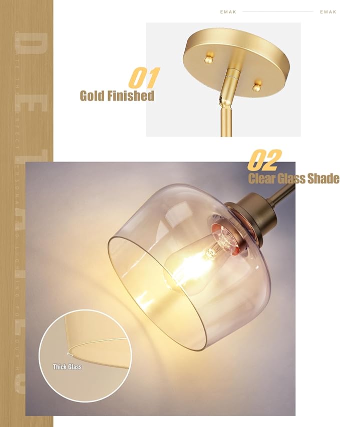 Emak 8 Inch Clear Glass Pendant Lights Kitchen Island, Modern Gold Pendant Light Fixtures for Kitchen, Bathroom, Bedroom, Dining Room, PL122-GD-CG