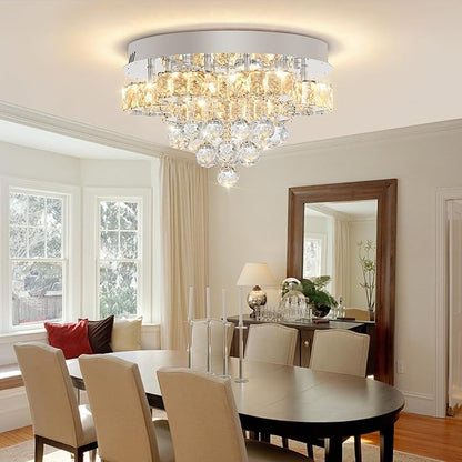 Flashing God Dia 16in Modern LED Crystal Chandelier,Flush Mount Ceiling Light Fixture with K9 Crystals,Small Chandelier for Bedroom Dining Hallway Lighting