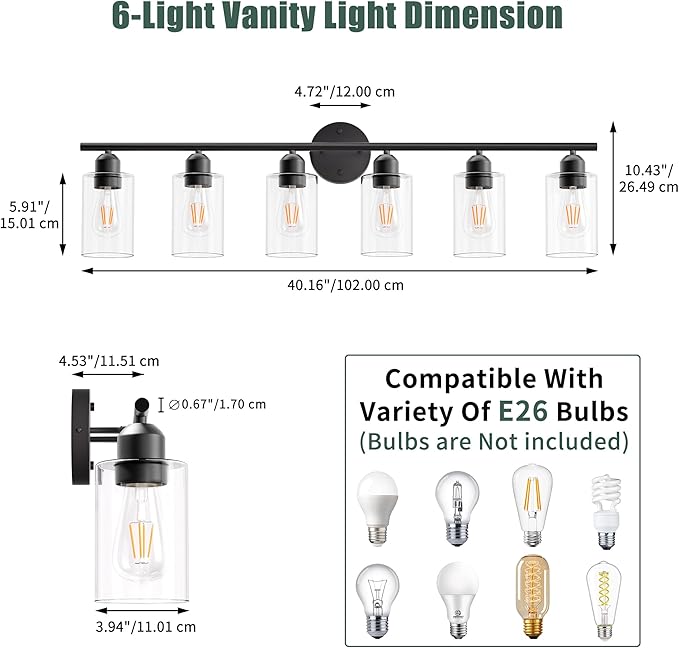 6 Lights Bathroom Vanity Light Fixtures Matte Black,Rustic Farmhouse Vanity Lighting Over Mirror Modern Industrial Lamp with Cylinder Glass Shade UL Certified