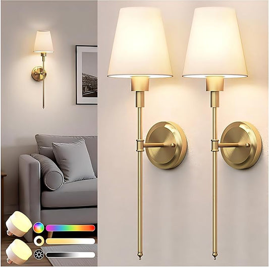 DORESshop Battery Operated Wall Sconce Set of 2, Wireless Wall Light Easy to Install, 15 Color Rechargeable Wall Sconces, Sconce Wall Decor Set of 2 for Bedroom, Living Room, Gold, 24.6in