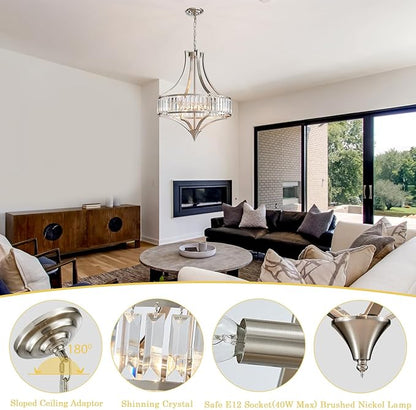 Brushed Nickel Chandeliers for Dining Room, 22 Inch Crystal Light Fixture 6-Light Modern Round Large Chandeliers for Kitchen Hallway Bedroom Foyer Hall Adjustable Height Hanging Light