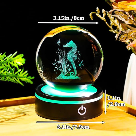 YWHL 3D Seahorse Crystal Ball Figurine with LED Base, Seahorse Gifts for Women Men on Christmas Birthday, Glass Sea Horse Decor Globe Night Light for Home Office (80mm)