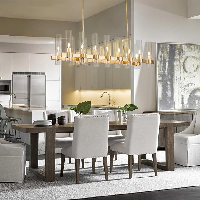 Modern Gold Linear Chandelier, 50'' Rectangular 16-Light Lighting Fixture with Glass Shades, Adjustable Hanging Height, Over Dining Table for Dining Room, Kitchen Island