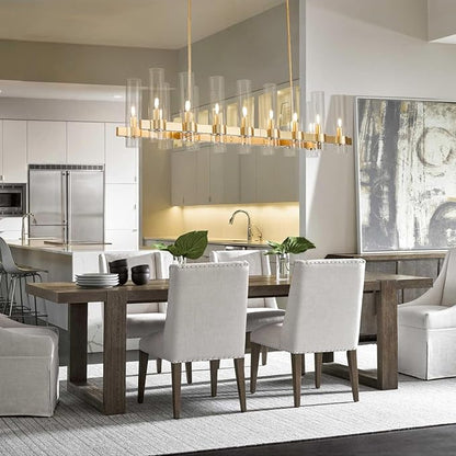 Modern Gold Linear Chandelier, 50'' Rectangular 16-Light Lighting Fixture with Glass Shades, Adjustable Hanging Height, Over Dining Table for Dining Room, Kitchen Island