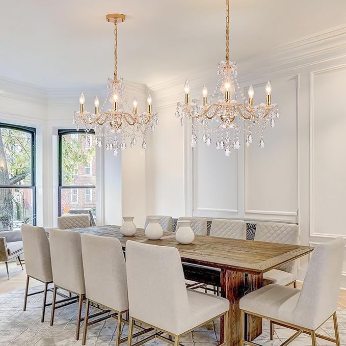 AMZASA Crystal Gold Chandelier, Glass Crystal Hanging Pendant Lighting, 5 Light French Country Gold Crystals Chandelier for Ceiling Medallions,Wedding,Dining,Kitchen, Foyer,Dia 20'' Golden