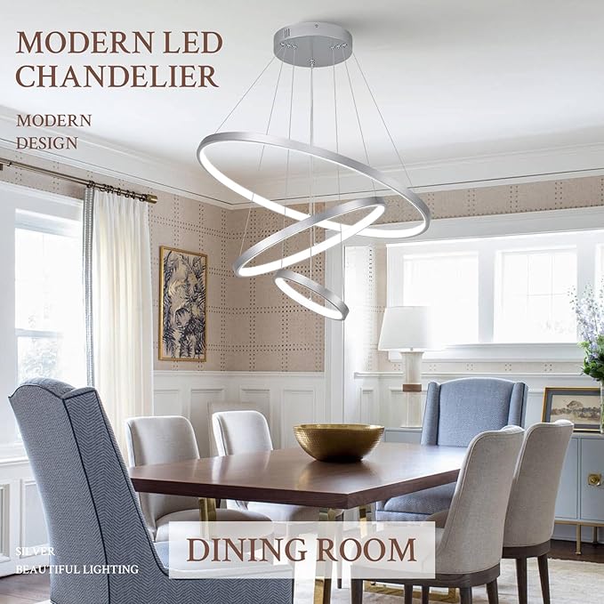 3 Ring Modern LED Chandelier Silver Dimmable Round Chandeliers, LED Circular Pendant Light Fixture with Remote Control for Living Room, Dining Room, Office, Entry, Bedroom