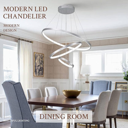 3 Ring Modern LED Chandelier Silver Dimmable Round Chandeliers, LED Circular Pendant Light Fixture with Remote Control for Living Room, Dining Room, Office, Entry, Bedroom