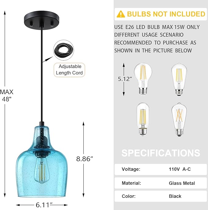 2 Pack 1 Light Indoor Hanging Kitchen Island Pendant Ceiling Light 6.1" Blue Glass Fixture,Black Finish for Farmhouse Over Sink Bedroom Hallway