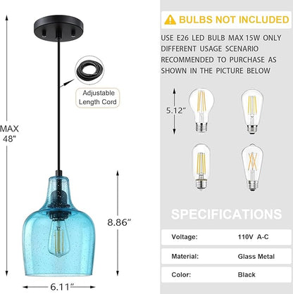 2 Pack 1 Light Indoor Hanging Kitchen Island Pendant Ceiling Light 6.1" Blue Glass Fixture,Black Finish for Farmhouse Over Sink Bedroom Hallway