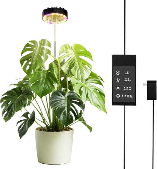 Height Adjustable Grow Light for Indoor Potted Plants, Full Spectrum Plant Light with Fan, Metal Pole Stake Growing Lamp, CRI 90+, 2/4/8/12H Timer, Ideal for Tall Plants & Succulents 1 Pack