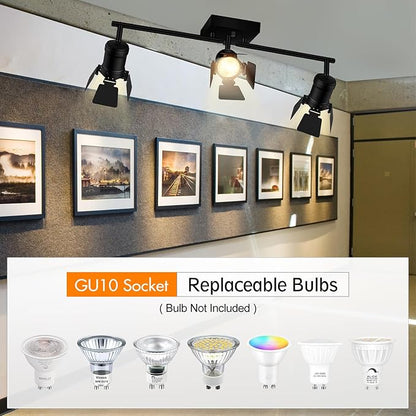 3 Light Track Lighting Fixtures Ceiling, Black Track Lighting with Upgrade Lamp Heads, 3 Way Track Lights Ceiling, Vintage Industrial Track Light for Kitchen/Bar/Boy's Room,GU10 Bulb Not Included