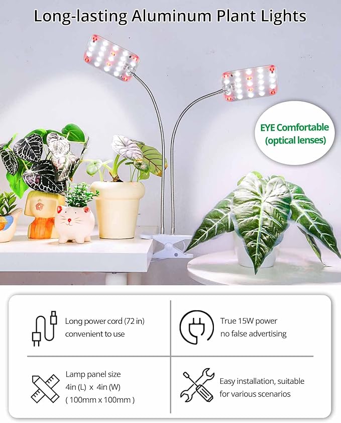 Plant Light, Dimmable Desk Clip on Plant Light for Indoor Plants with 6/12/16h Timer, Gooseneck Grow Lamps, Full Spectrum for Seeding, Succulent, Potted Plants, 2-Head