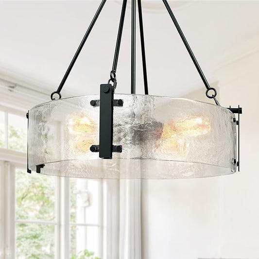 IKK Black Modern Textured Glass Chandelier for Dining Room, 21" Glass Drum Chandelier Light Fixture, Crystal Round Hanging Light for Living Room, Bathroom,Foyer, Kitchen Island, Bedroom