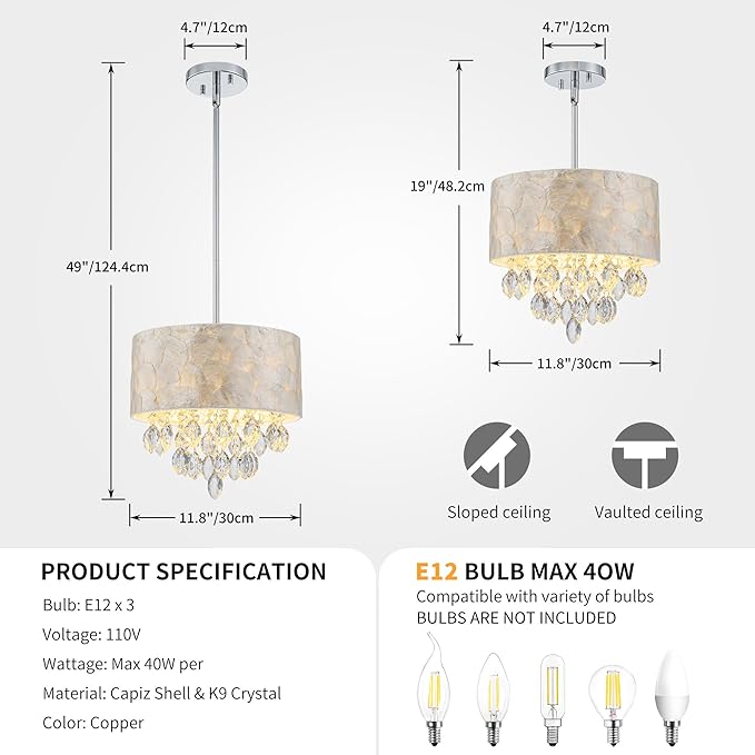 3-Light Drum Capiz Shell K9 Crystal Chandelier, Coastal Style Pendant Light Fixture for Dining Room, Living Room, D12 * H19~49 inch (Adjustable), Clear Crystal & Chrome Finish Frame