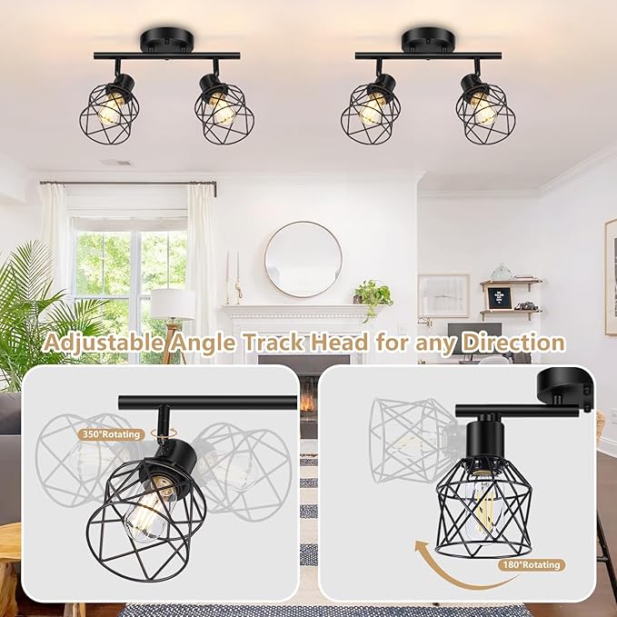 Baocuz 2-Lights Kitchen Light Fixtures Ceiling Mount, Adjustable Semi Flush Mount Ceiling Light with Metal Wire Cage, Vintage Track Spotlight Ceiling Fixtures for Dining Room, Farmhouse, Entryway