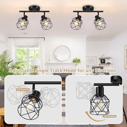 Baocuz 2-Lights Kitchen Light Fixtures Ceiling Mount, Adjustable Semi Flush Mount Ceiling Light with Metal Wire Cage, Vintage Track Spotlight Ceiling Fixtures for Dining Room, Farmhouse, Entryway