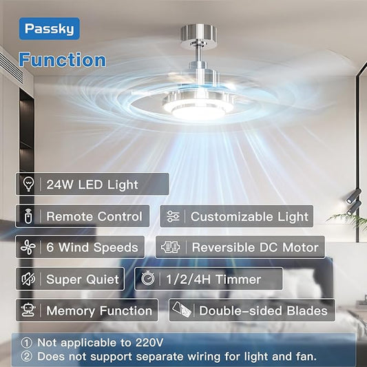 Passky Ceiling Fans with Lights, 52 inch Modern Ceiling Fan with Light and Remote Control, 3CCT, Dimmable, Reversible, Noiseless, Silver Ceiling Fan for Bedroom, Living Room