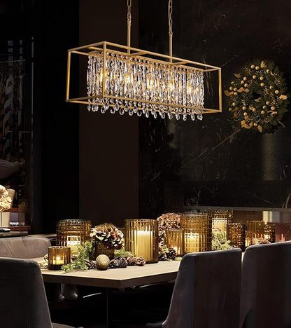 Siljoy Rectangular Gold Crystal Chandelier for Dining Room, 5-Light Modern K9 Crystal Raindrop Chandelier Luxury Crystal Pendant Ceiling Light for Living Room Kitchen Island L35.4'' x W11'' x H12''