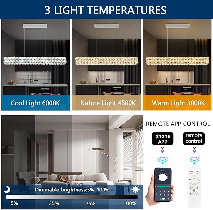 40'' Modern Crystal Chandelier for Dining Room Ceiling Light Fixture for Living Room Hallway Lighting LED Dimmable with Remote Silver