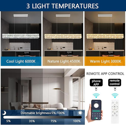 40'' Modern Crystal Chandelier for Dining Room Ceiling Light Fixture for Living Room Hallway Lighting LED Dimmable with Remote Silver
