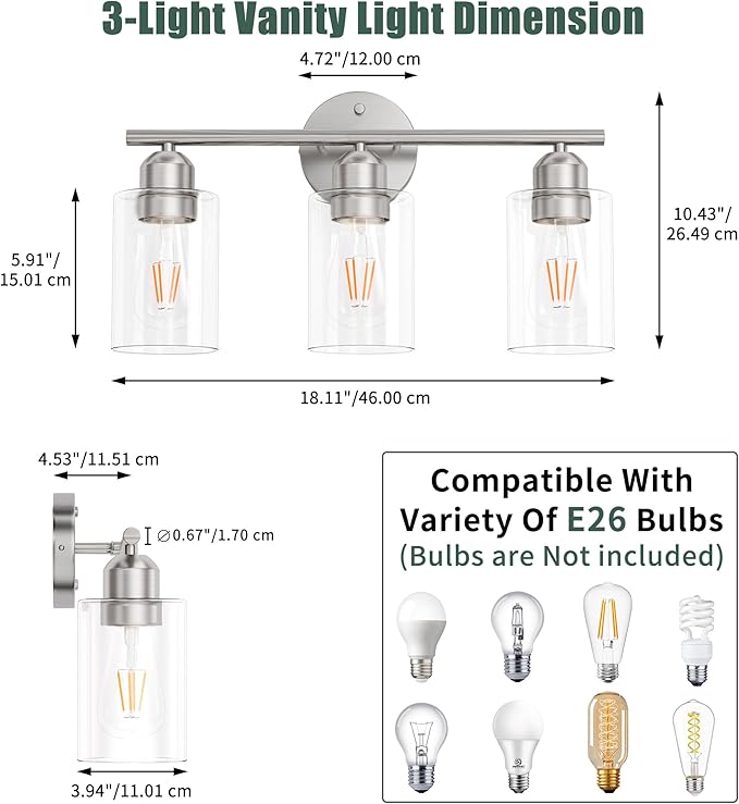 Bathroom Vanity Light Fixtures Brushed Nickel, 3 Lights Bathroom Over Mirror, UL Certified, Modern Wall Lighting Fixtures with Glass Shade, E26 Socket