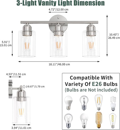 Bathroom Vanity Light Fixtures Brushed Nickel, 3 Lights Bathroom Over Mirror, UL Certified, Modern Wall Lighting Fixtures with Glass Shade, E26 Socket