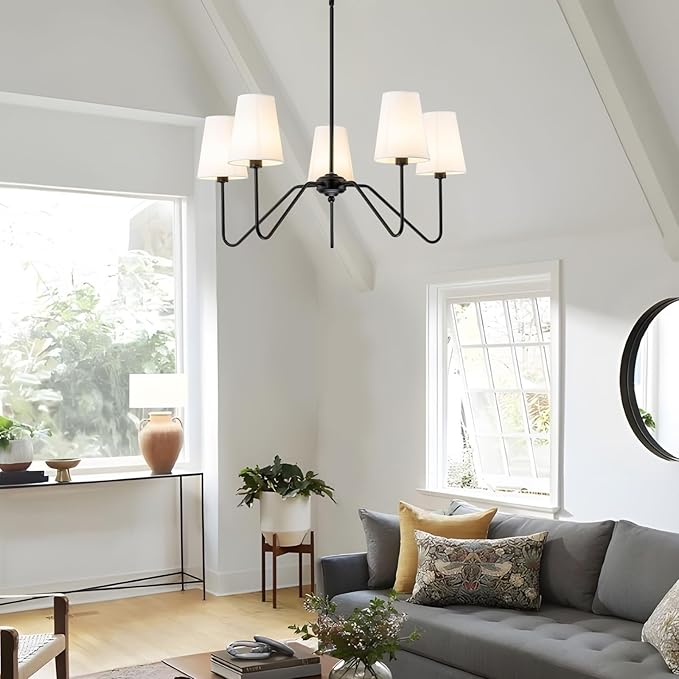 Modern Chandelier for Dining Room, 5-Light Farmhouse Pendat Light Fixture with White Fabric Shade,Black Hanging Light Fixture Over Table Ceiling Chandelier for Bedroom,Living Room,Hallway