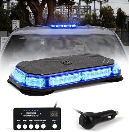 Xprite Blue Rooftop Emergency Strobe Light Bar, Beacon Safety Flashing Police Lights w/Control Panel Magnetic Base for Police Law Enforcement POV Vehicles Trucks